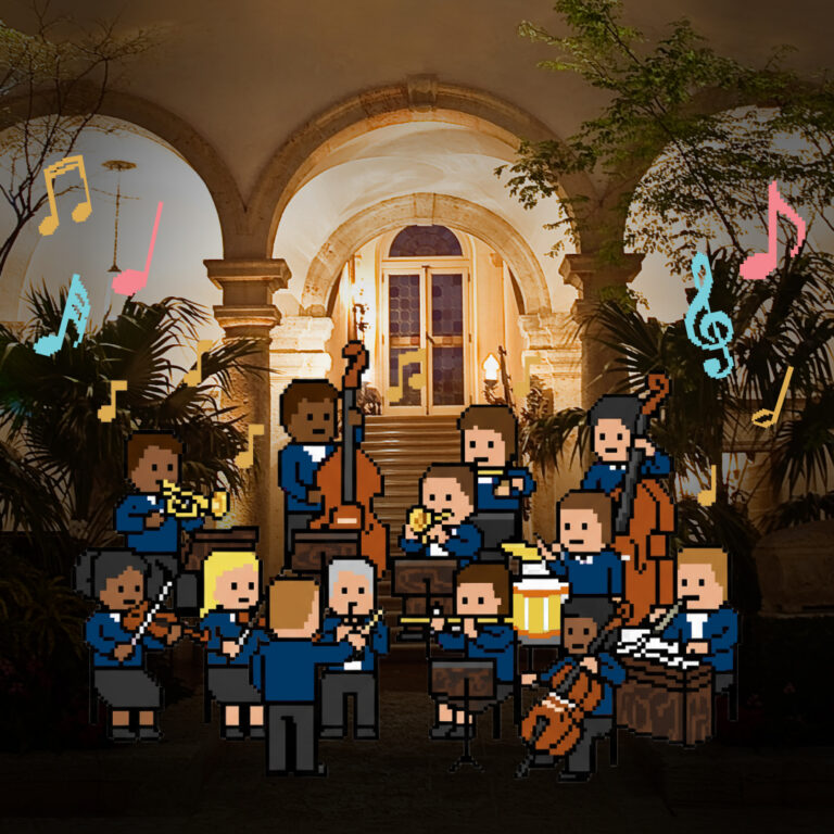 Pixel art orchestra with various musicians playing instruments, set outdoors in front of an arched building entrance, with music notes illustrated around them.