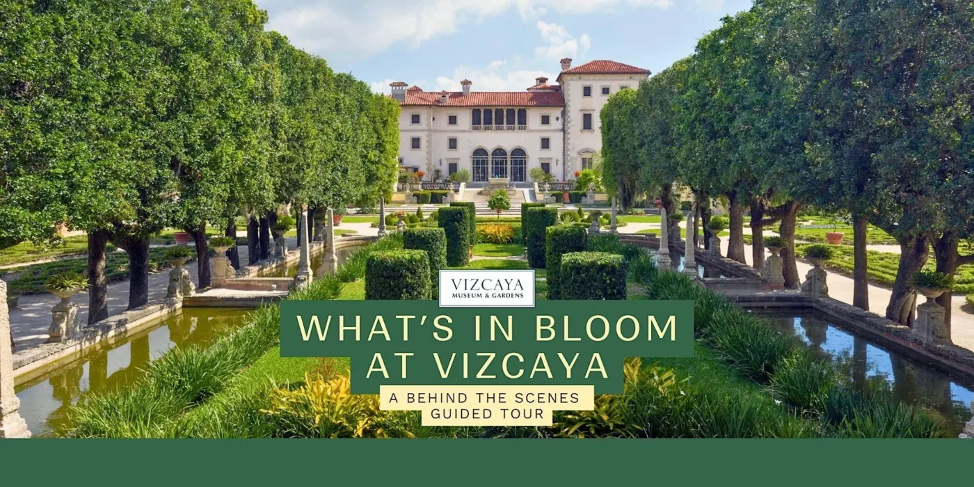 Formal gardens with hedges, fountains, and reflecting pools lead to the Vizcaya Museum and Gardens mansion under a clear sky, with event text overlay promoting a behind-the-scenes tour.