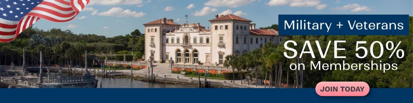 Large historic building with palm trees by the water, an American flag in the corner, and text offering 50% off memberships for military and veterans.