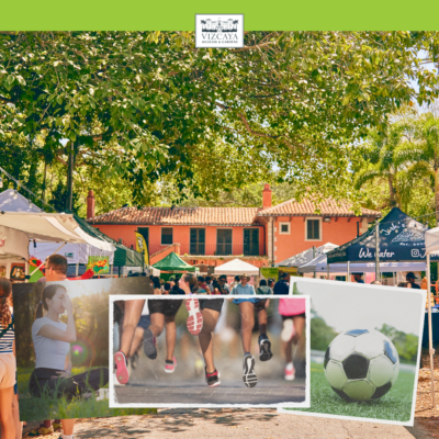 Outdoor market with white tents and people browsing under trees, with small inset images of runners and a soccer ball, set in front of a large, peach-colored villa.