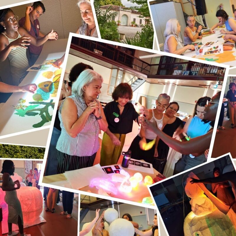 Collage of people participating in group art activities, using colorful materials, collaborating, and discussing projects in a bright indoor setting.