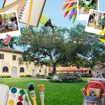 A collage of school supplies and activities, including a backpack, crayons, paint, and children learning.