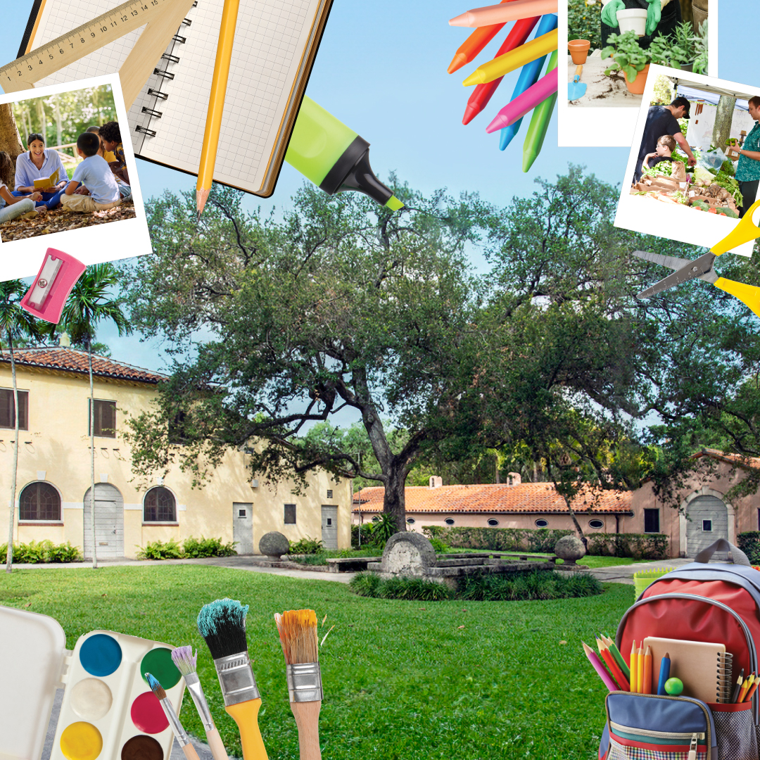 A collage of school supplies and activities, including a backpack, crayons, paint, and children learning.