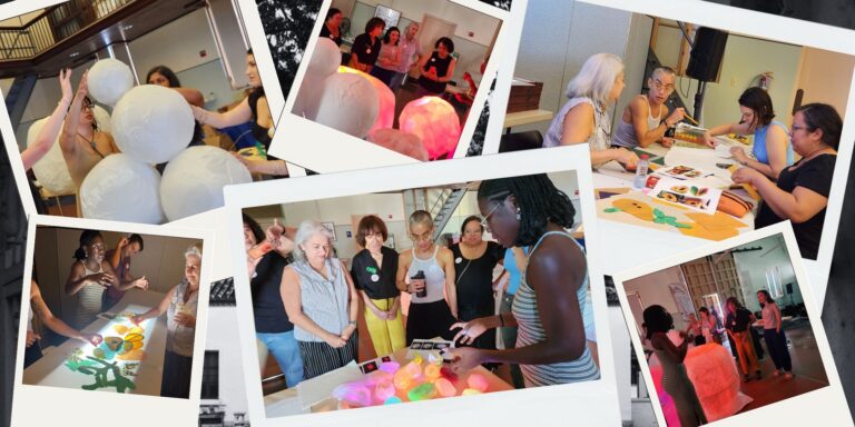A collage of people collaborating on art projects, including painting, assembling large paper spheres, and discussing glowing sculptures in a community space.