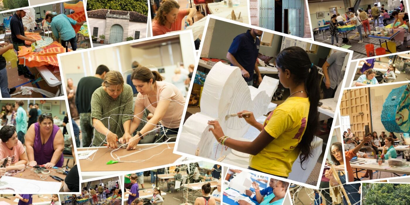 A collage of people working together on various art and craft projects in a workshop setting, using materials like foam, wire, paper, and fabric.