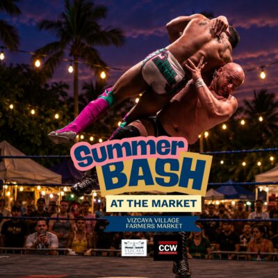 Two wrestlers mid-action in a ring at an outdoor evening event, with string lights, palm trees, and a crowd in the background. Text reads "Summer Bash at the Market.