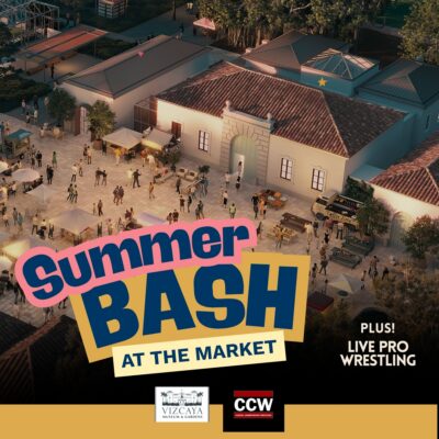 Aerial view of an outdoor event at Vizcaya Village Market with people gathered; text overlay reads "Summer Bash at the Market" and "Plus! Live Pro Wrestling.