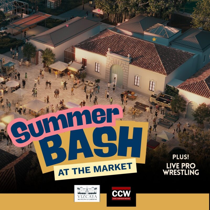 Aerial view of an outdoor event at Vizcaya Village Market with people gathered; text overlay reads "Summer Bash at the Market" and "Plus! Live Pro Wrestling.