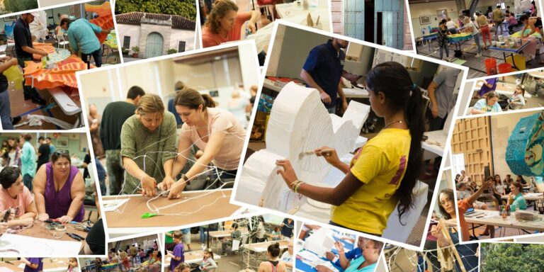 A collage of people working together on various art and craft projects in a workshop setting, using materials like foam, wire, paper, and fabric.