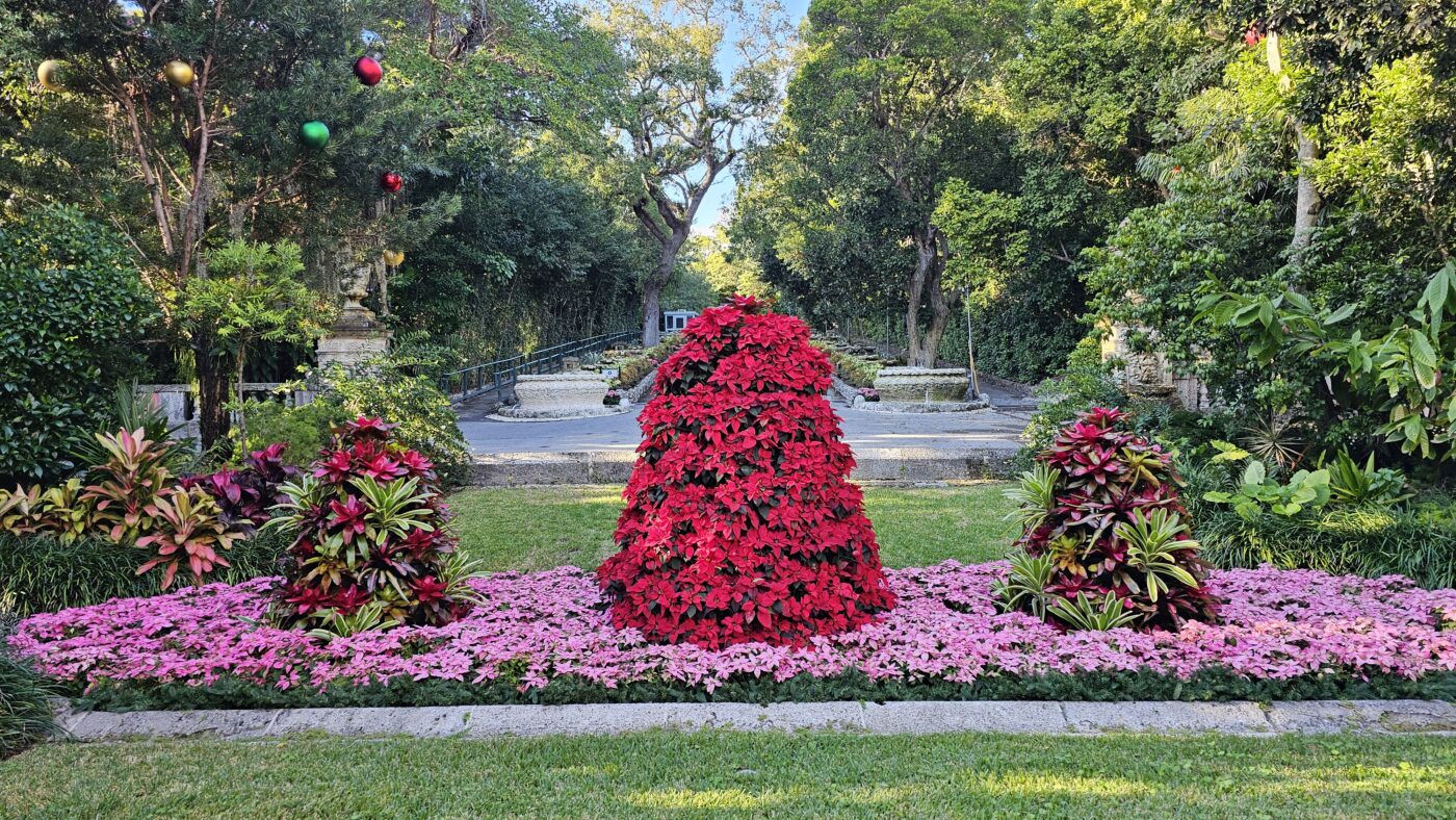 Garden scene with a central cone-shaped red poinsettia display, surrounded by pink flowers and foliage, with trees and hanging ornaments in the background.
