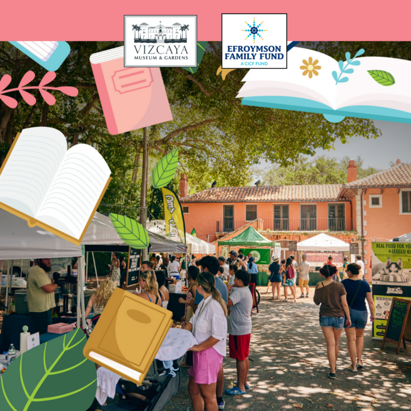A crowd gathers at an outdoor market under large trees, with vendor tents and a historic building in the background. Illustrated books are overlaid on the image.