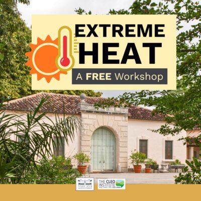 Promotional flyer for a free "Extreme Heat" workshop, featuring a thermometer graphic and an image of a Mediterranean-style building with greenery.