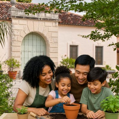 A family of four smiles while planting a small plant in a pot outdoors, with a Mediterranean-style house and greenery in the background.