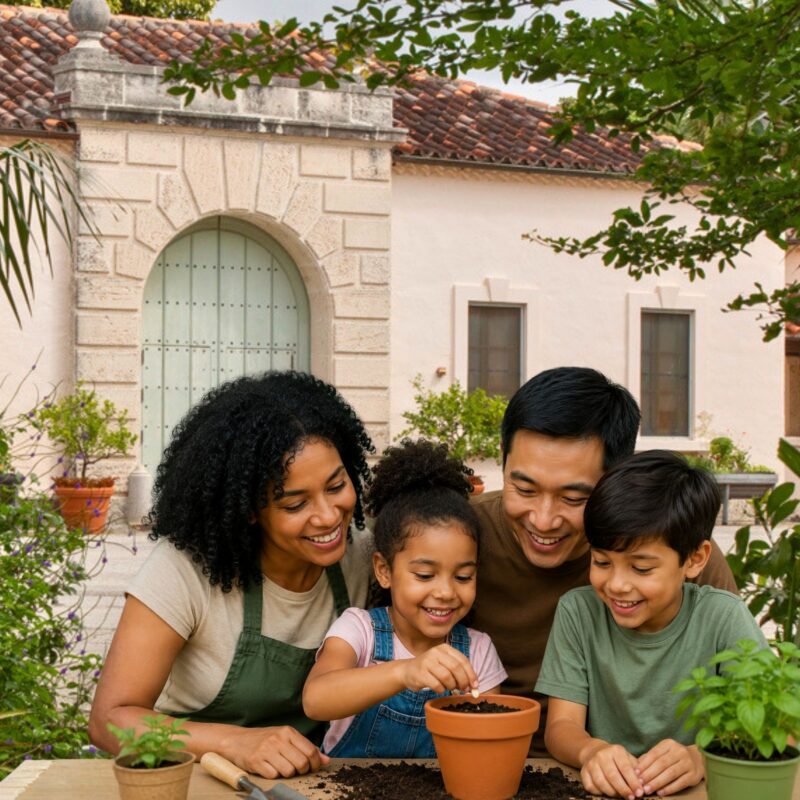 A family of four smiles while planting a small plant in a pot outdoors, with a Mediterranean-style house and greenery in the background.
