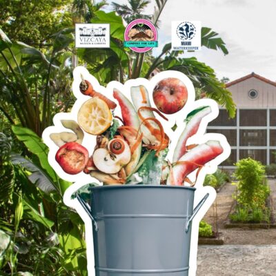 A metal bucket filled with assorted fruit and vegetable scraps sits in a lush garden, with three organization logos at the top.