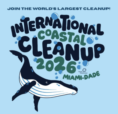 Poster for International Coastal Cleanup 2026 in Miami-Dade, featuring a swimming whale, bubbles, and event details by Ocean Conservancy.