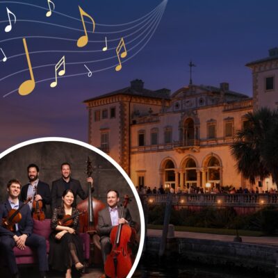 Toomai String Quintet poses indoors, while in the background, Vizcaya is lit up at dusk with music notes illustrated above.