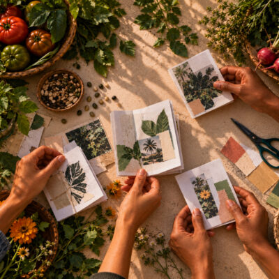 Four hands hold botanical-themed zines surrounded by fresh vegetables, seeds, flowers, and herbs on a sunlit table.