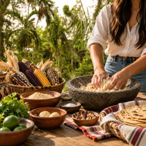 A woman kneads dough in a stone bowl outdoors, surrounded by fresh corn, limes, salt, herbs, and bowls of ingredients on a wooden table.