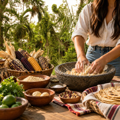 A woman kneads dough in a stone bowl outdoors, surrounded by fresh corn, limes, salt, herbs, and bowls of ingredients on a wooden table.