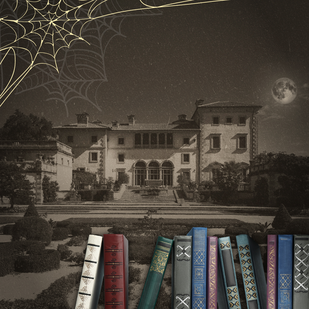 Vizcaya at night with a full moon, spider webs in the corner, and a row of ornate books in the foreground.